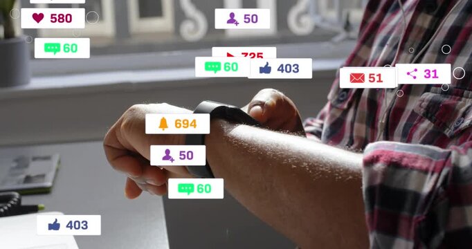 Animation of changing numbers, icons in notification bars, man using smartwatch