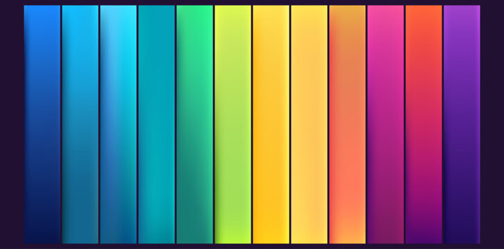 Vibrant gradient swatches featuring blue, rainbow, yellow, and green color palettes. Perfect for modern graphic design, presentations, and creative projects with soft pastel tones.