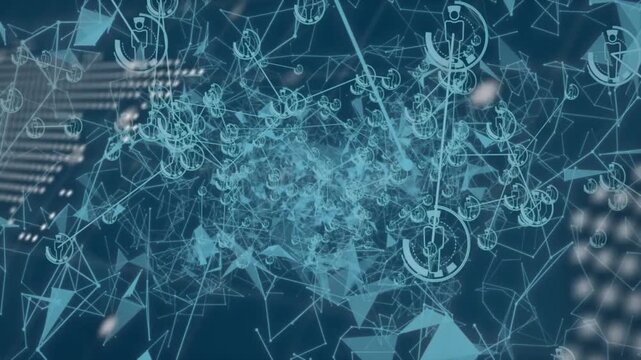 Dotted world map emerging on navy canvas, camera panning starting nodes forming tech code vortex