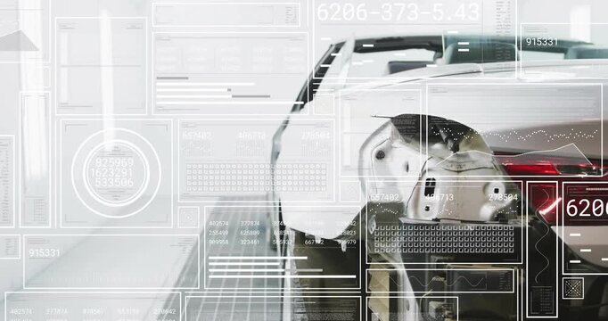 Vertical video: Auto HUD scanning white sedan rear quarter, animating readouts and assessing damage