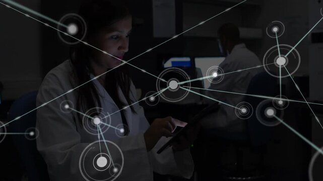 Woman clinician tapping tablet, HUD nodes expanding into network across frame, visualizing lab data