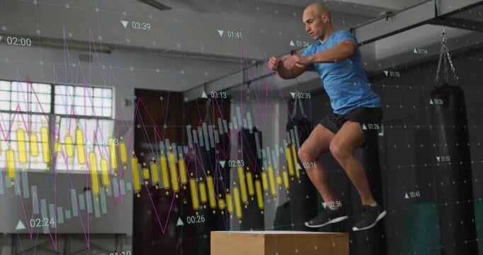 Man shifting weight and swinging arms, activating fitness charts, doing plyo jumps, building power