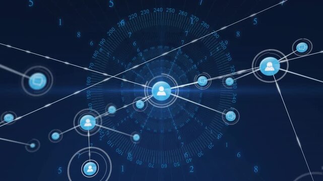 Vertical video: Central avatar pulsing and firing lines after system scan forming tech network HUD
