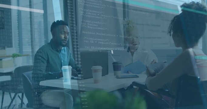 Right woman leaning showing phone, team using laptop, tablet, code overlay linking to code review