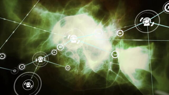 First node appearing, network expanding over green nebula, UI nodes linking charts for tech data
