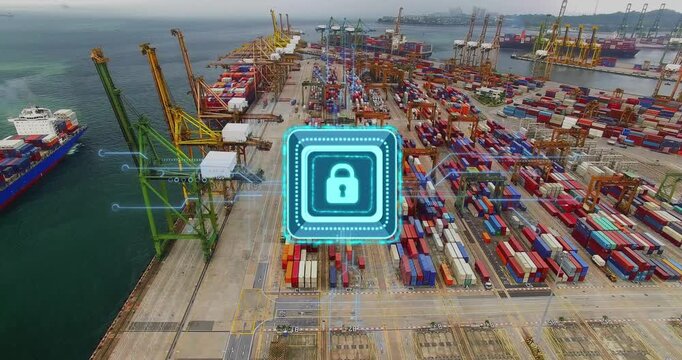 Padlock overlay activating over port pulsing circuits linking cranes stacks ships securing port