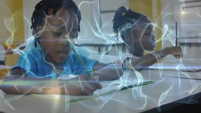 Two students being task-prompted, writing with pencils and finishing classwork under ribbon overlay