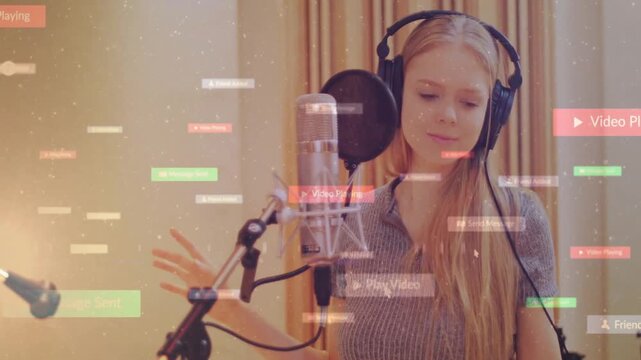 Singer starting recording, singing and adjusting headphones while UI overlays overlapping mic