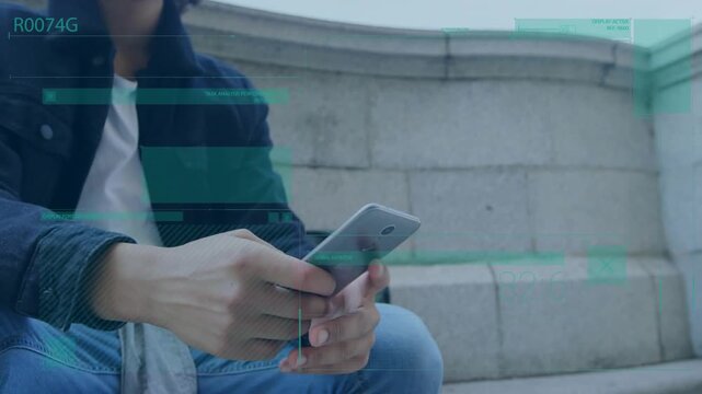 Student typing phone activating green tech HUD overlay, camera pulling back while checking plaza