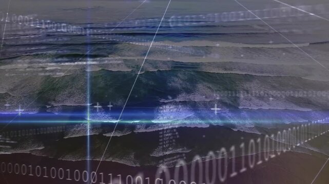 Layered ocean surface filling frame, reacting to tech data feed, pulsing horizon and binary streams