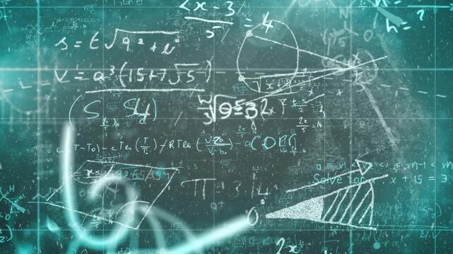 Teal glow initiating math grid evolving, revealing equations, shaded wedge and sphere for education