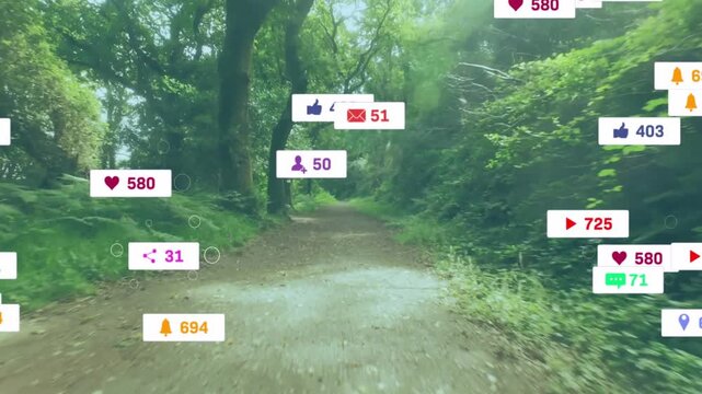 Camera moving forward along trail icons popping right growing drifting then fading showing clutter