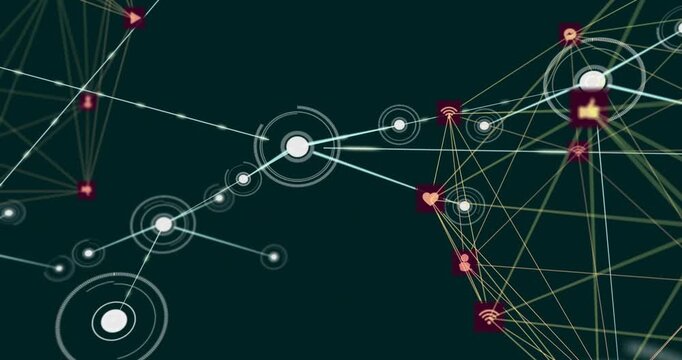 Central white node sending luminous line, linking satellites and activating icon mesh for network