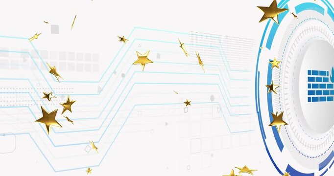 Right badge emerging, causing gold stars drifting, rotating over cyan HUD lines, showing badge