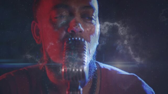 Male singer leaning into mic singing emoting studio camera pulling back nebula drifting across face