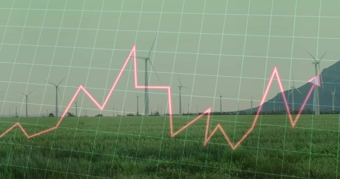 Neon line appearing from left, growing into graph peaking at central turbine, visualizing power
