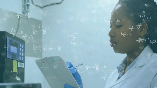 Lab tech reading digital display, writing clipboard notes, math overlay annotating data