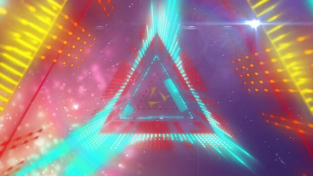Center triangle pulsing with audio beats, animating waveform bars and cyan outline for tech demo