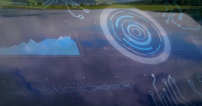 Pulsing holographic HUD revealing lakeside and mountains, showing radial display and area chart