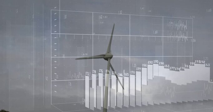 Overlay fading starting bars rising along axis beside rotating wind turbine, visualizing output