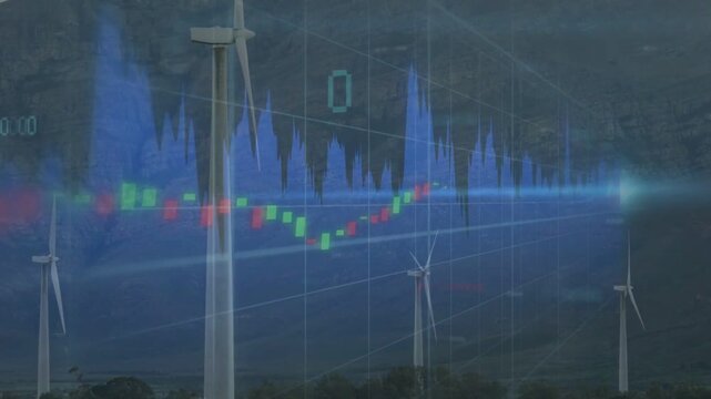 Displaying wind turbine towers with candlestick chart and blue waveform sweeping across dusk hills