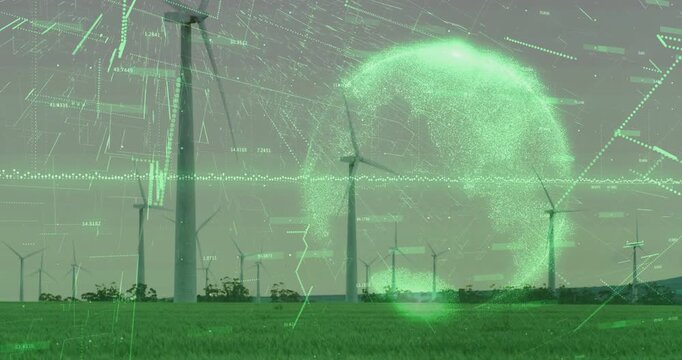 Wind farm receiving sensor update, overlaying holo globe and neon waveform monitoring energy output