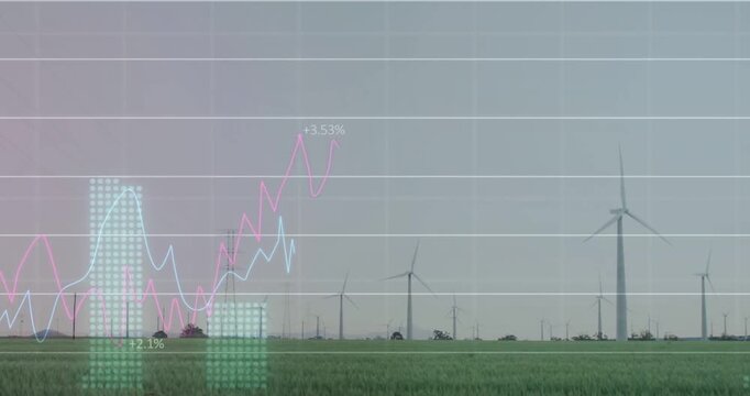 Vertical video: Grid appearing and arrow sparking rising lines and bars over wind energy showing %