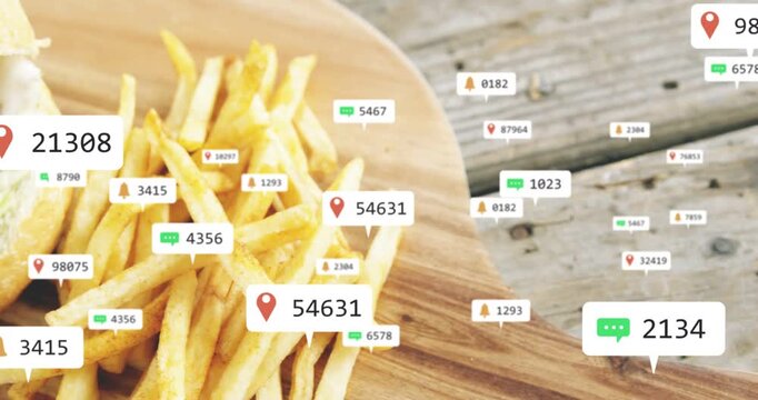 Burger  and  fries attracting map pins, chat icons, number badges as camera panning for marketing