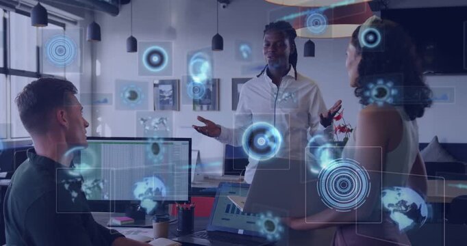 Presenter explaining spreadsheet during business sparking blue UI gauges growing over laptop screen
