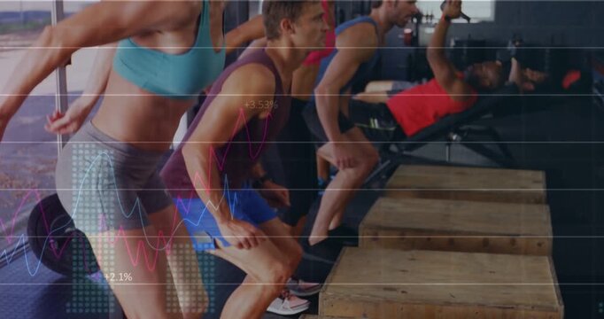 Vertical video: Training group hearing cue, doing synced box jumps on plyo boxes, graphs overlaying