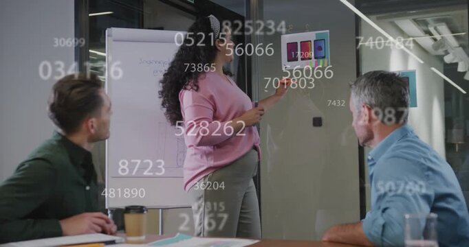 Lead pressing remote pointing at app mocks on glass showing data overlay writing notes for business