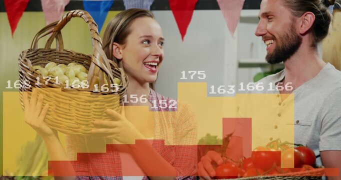 Two vendors showing produce, data overlay appearing as rising histogram bars showing retail sales