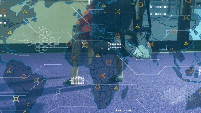Female fitness athlete performing knee drives on purple mat causing HUD world-map overlay for core
