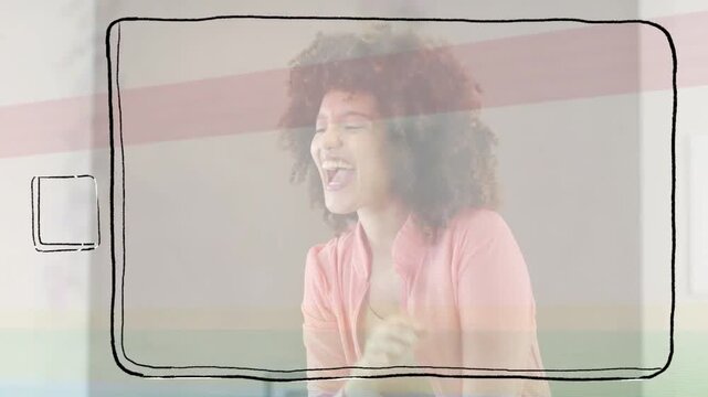 Vertical video: Waving woman in cardigan at home seeing lens greeting miming tap with drawn overlay