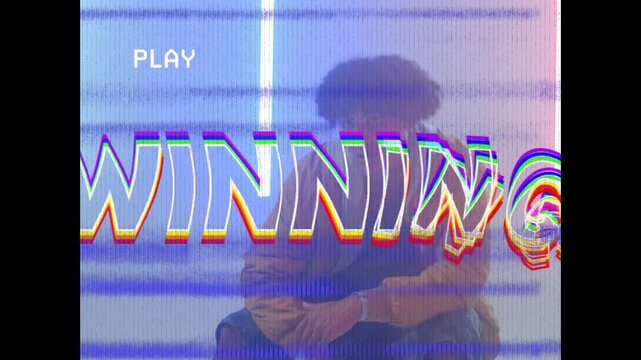 Man shifting as WINNING text appearing, glitching and causing pose adjusting by neon for promo
