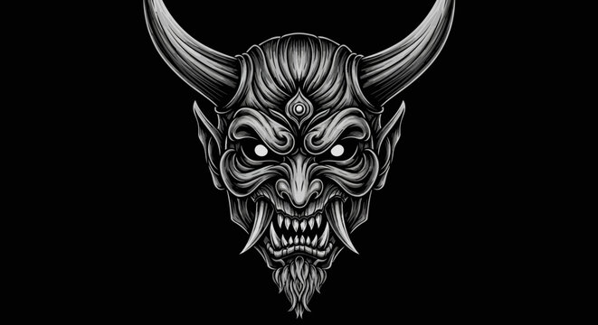 Intricate Grayscale Illustration of a Fierce Horned Demon Mask with Glowing Eyes and Sharp Fangs on a Dark Background