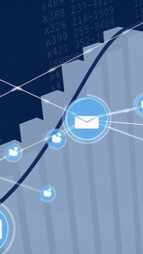 Vertical video: Main envelope node pulsing and sending links out, showing email flow over tech bars