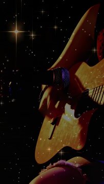 Vertical video: Woman singer entering frame, camera closing playing guitar singing music stars mic