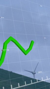 Vertical video: Green trace entering from left revealing turbine, blades rotating, showing output