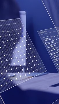 Vertical video: Woman tapping holograms on desk, activating finance dashboards and updating rates