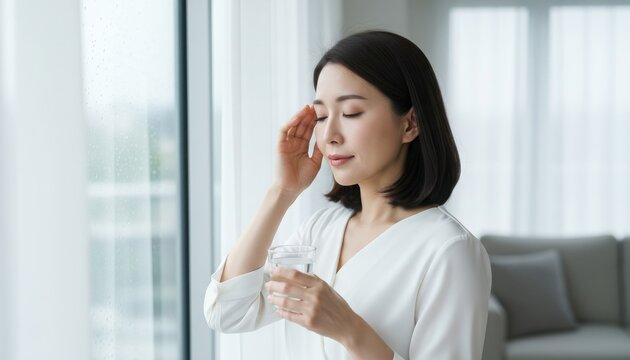 梅雨時の低気圧による頭痛で窓辺でこめかみを押さえる女性