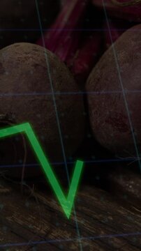 Vertical video: Beets on wood green zigzag starting at corner and drawing food metric over beets