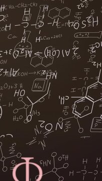 Vertical video: Cam panning over chem print, showing mols, lab art as pink glyphs drifting for art