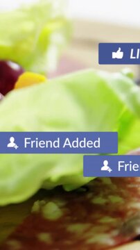 Vertical video: Cursor clicking subscribe badges updating camera panning revealing salad for likes