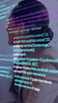Vertical video: Projector projecting cyan purple code over woman, layering HTML, showcasing tech