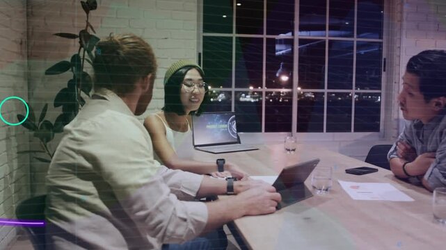 Left man rotating tablet to center woman, trio reviewing tech while neon streaks crossing in front
