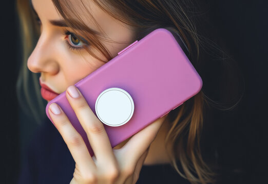 Woman holding pink phone with white pop socket mockup, ai generated. Colored smartphone with stick accessory on cover in female arm mock up. Rubberized glue circle holder on case template.