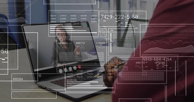 Presenter gesturing in business meeting, colleague with mug as HUD data overlaying laptop and peer