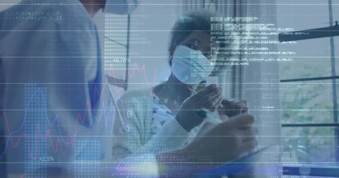 Nurse pointing at blister, senior patient inspecting medication, data overlays confirming dosage