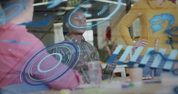 Center speaker starting pitch in business meeting, gesturing while HUD map and bars showing data